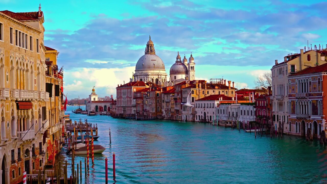 Venice city view of Grand Canal among ancient buildings