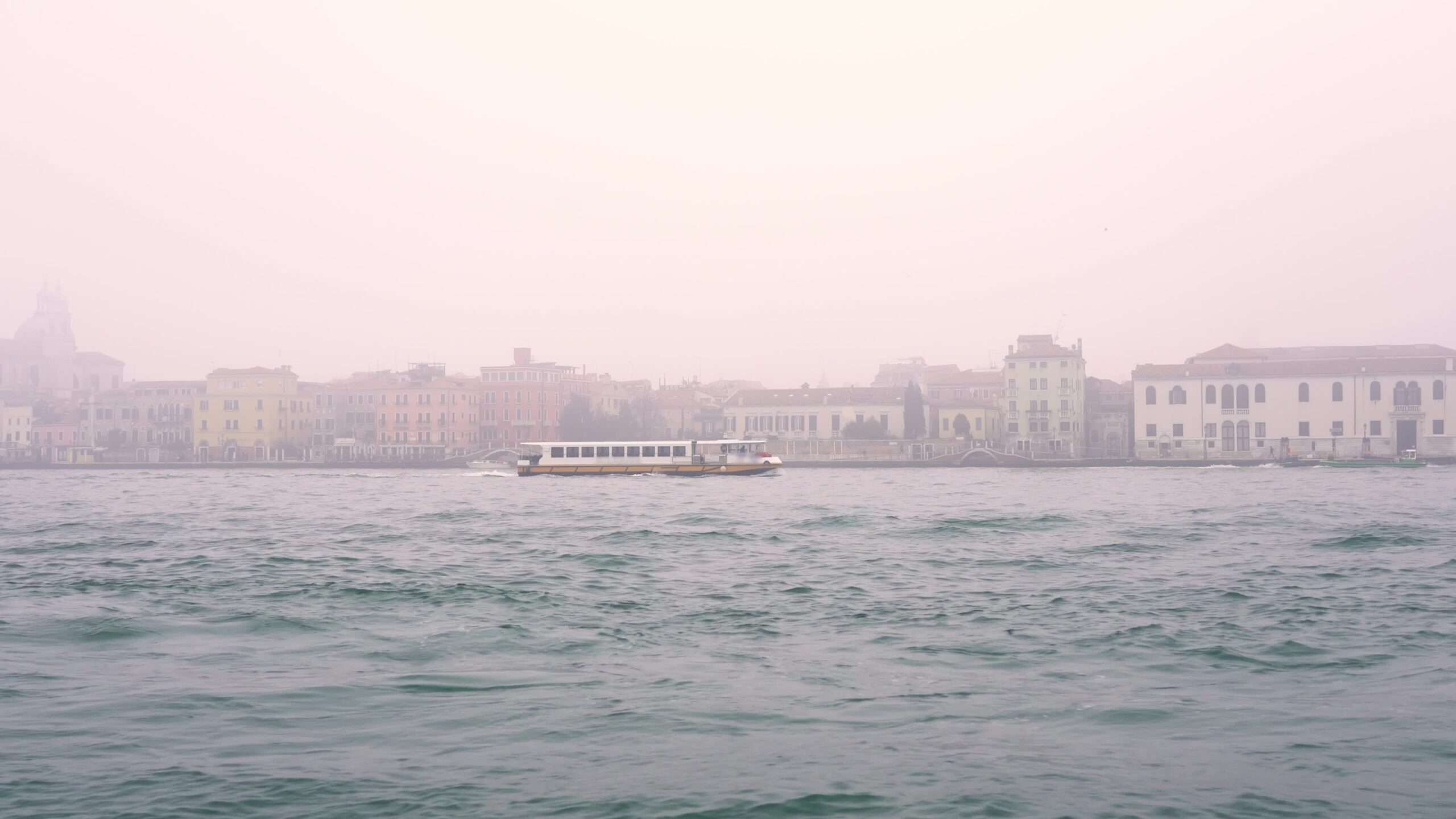 Public transport boat sails past houses on the water