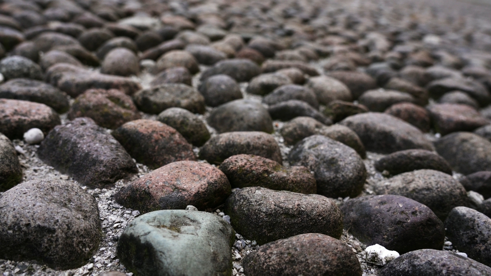 Endless pebble garden path with large dark stones closeup
