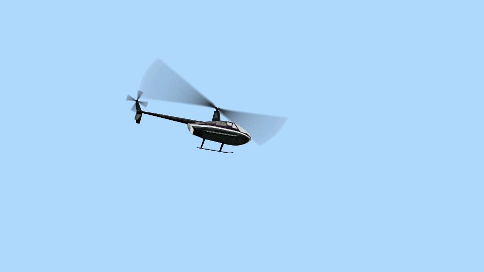 Large helicopter with propeller flies against blue sky