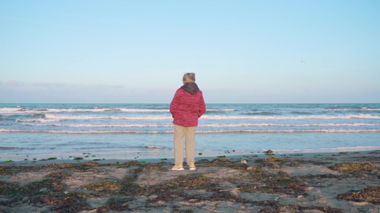 La donna guarda le onde del mare in piedi sulla spiaggia bagnata