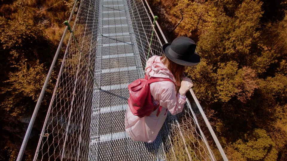 Woman looks at Lake Garda standing on footbridge over park