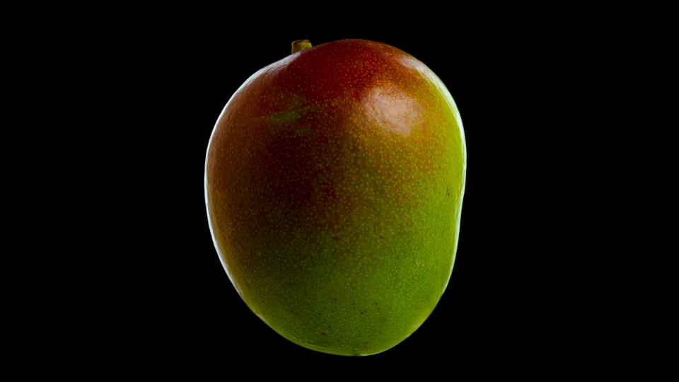 Il mango mezzo maturo ruota su sfondo nero isolato