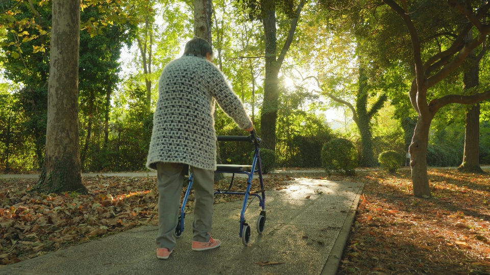 L’anziana cammina per il parco usando un deambulatore su sedia a rotelle