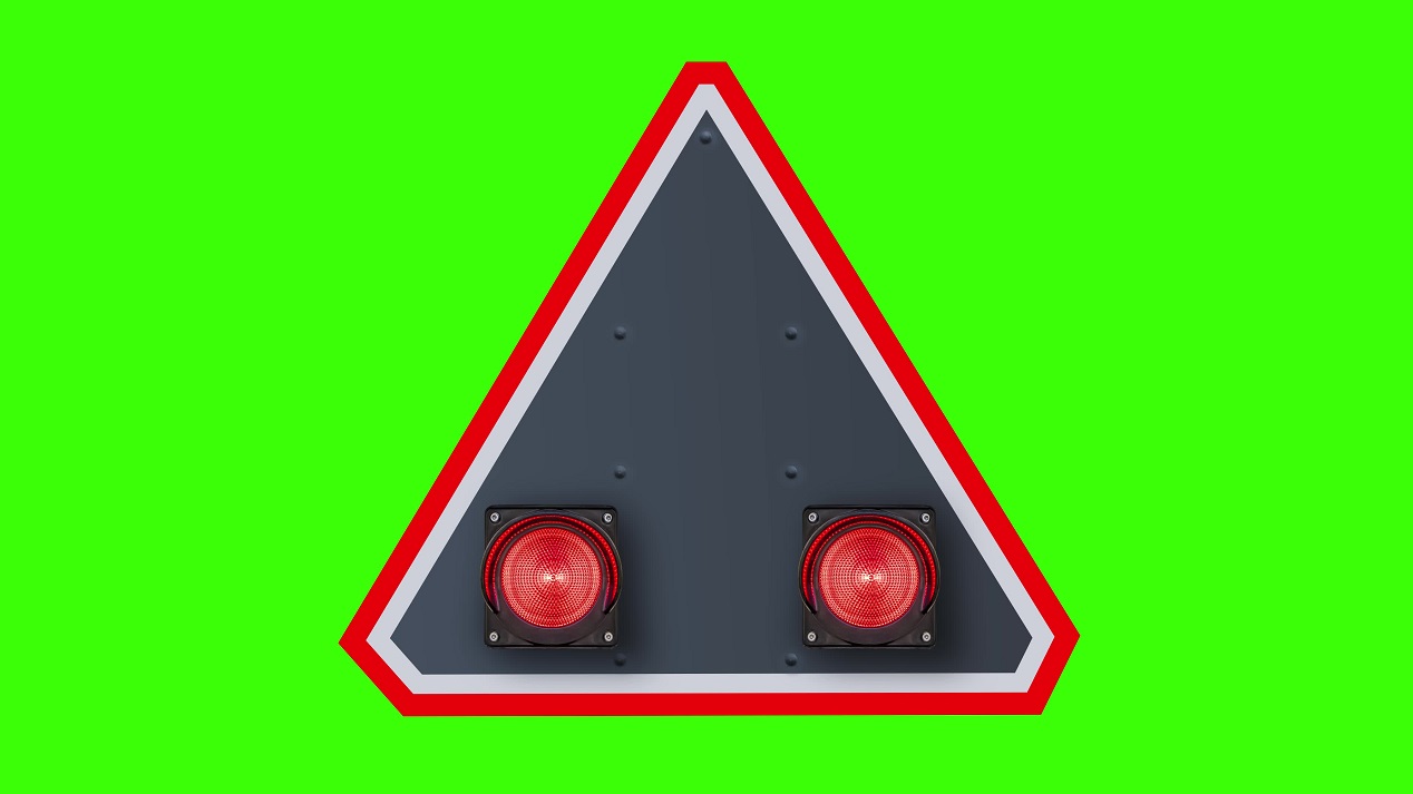 Road sign with semaphore lamps on green chomakey background