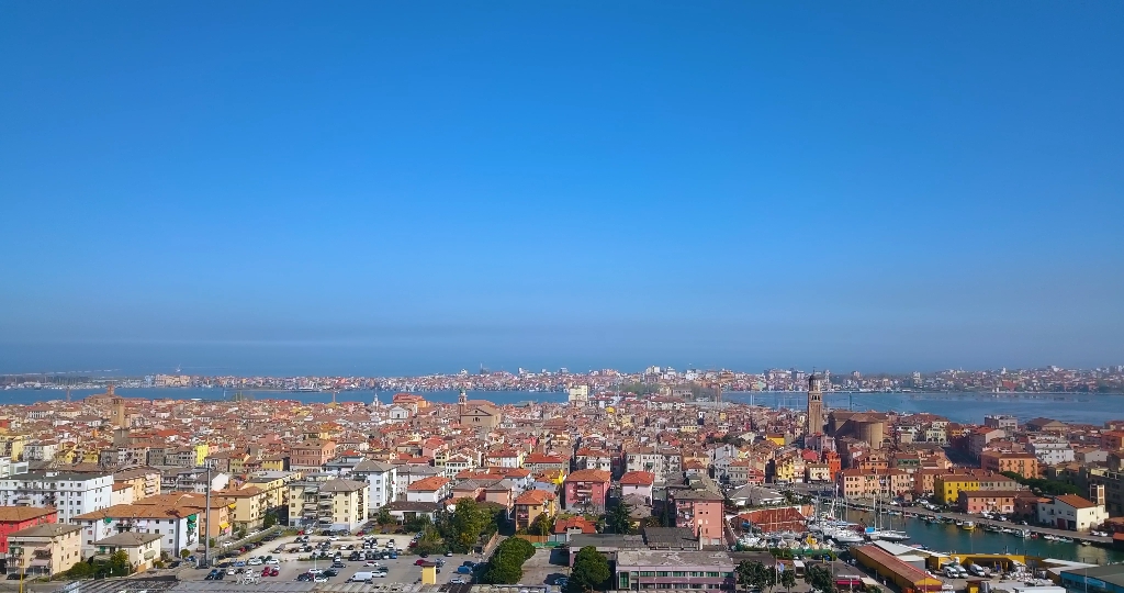 Aerial view of Chioggia and Sottomarina and the sea on the horizon