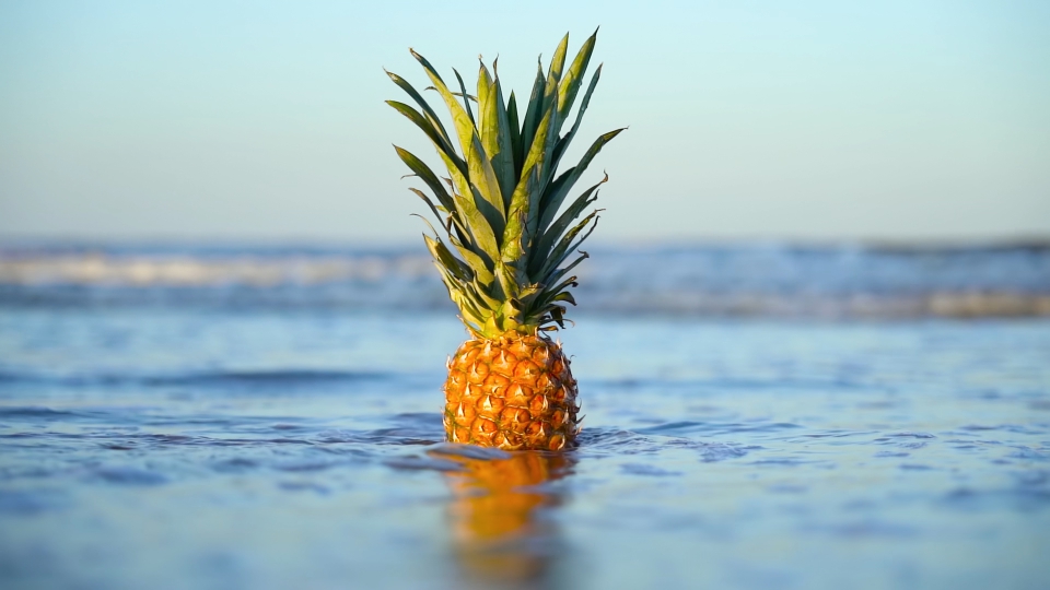 Slow motion of the water at the beach and a pineapple