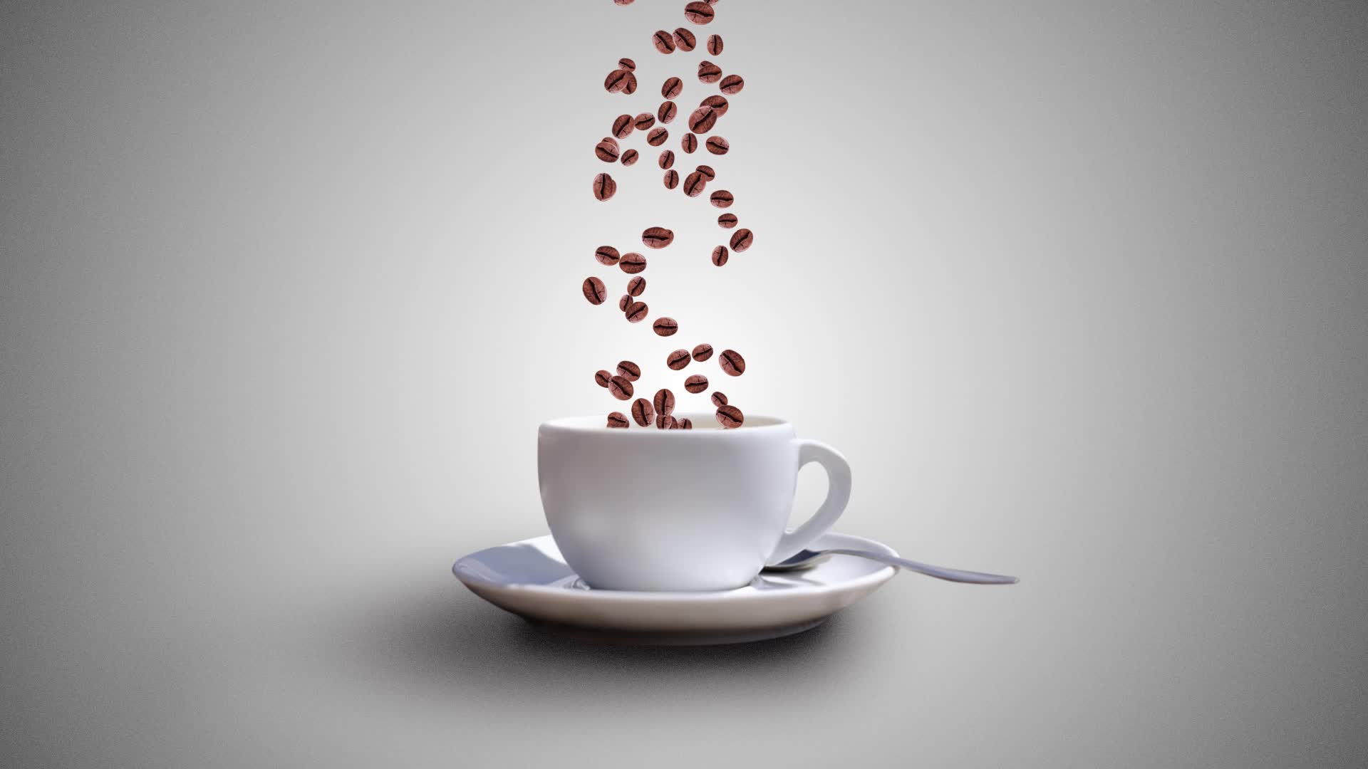 Chicchi di caffè cadono dentro tazza