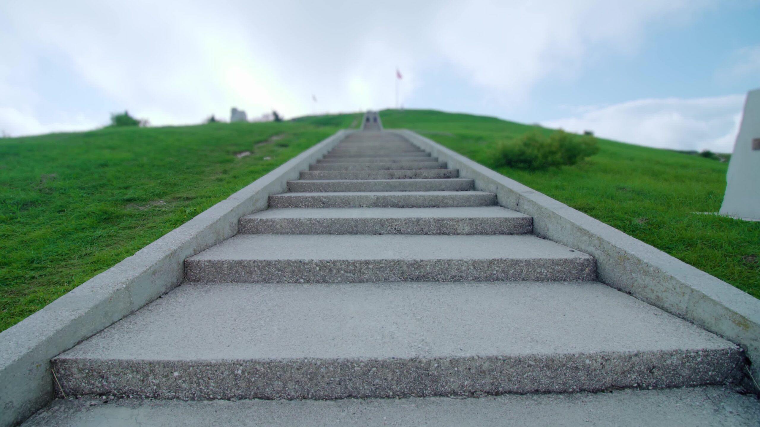 Long stairs up a hill with green grass