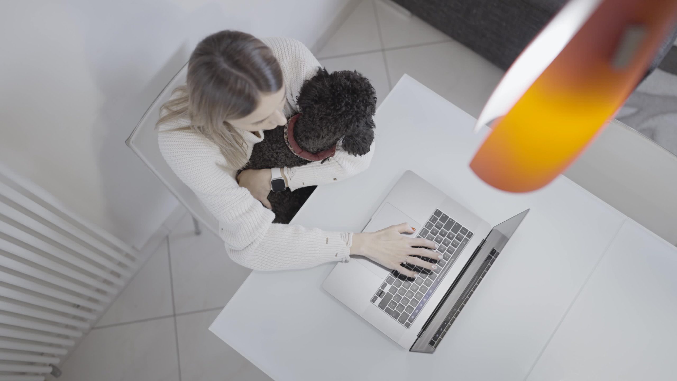 Woman works on the computer at the table