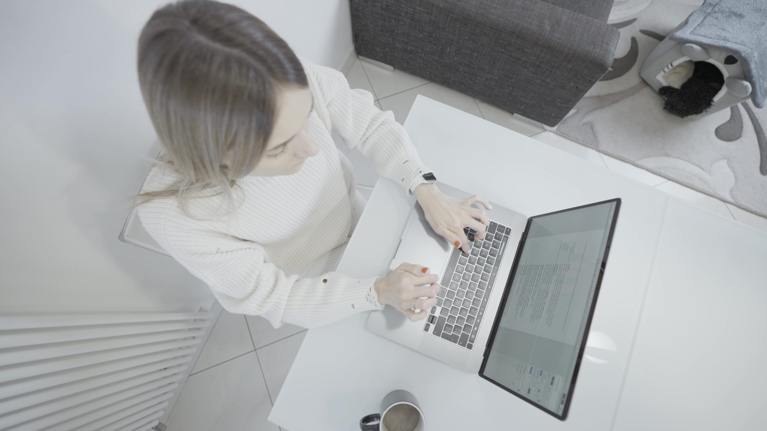 Una donna è seduta alla scrivania e utilizza un computer portatile