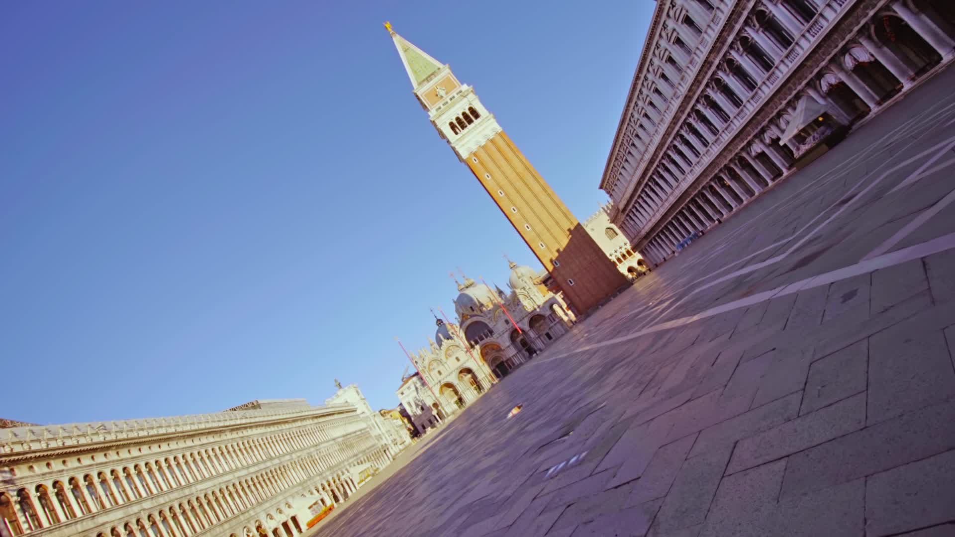 Camera takes the Piazza San Marco upside down with the Campanile