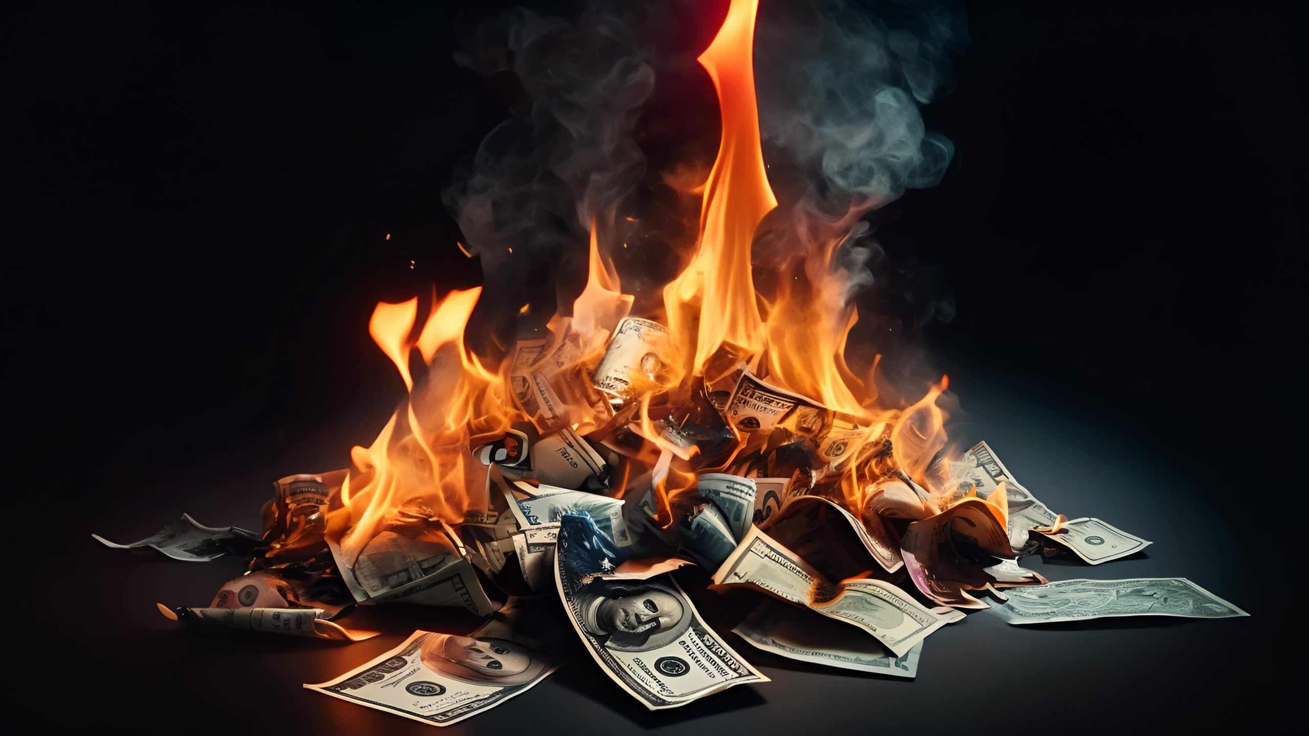 Burning Money on Dark Background