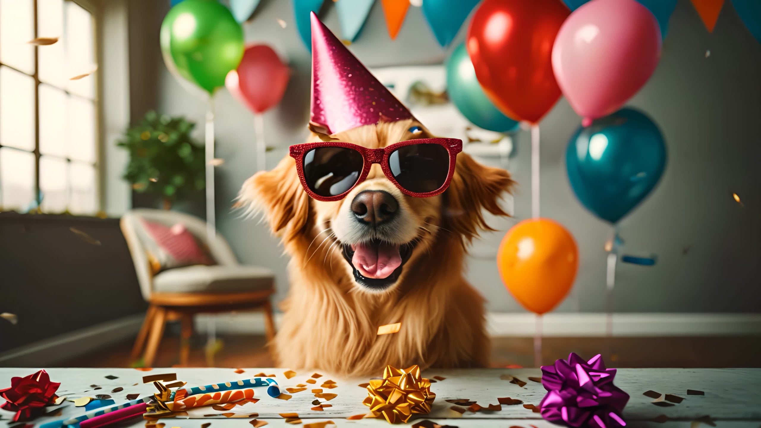 Cane felice con cappello da festa e occhiali da sole