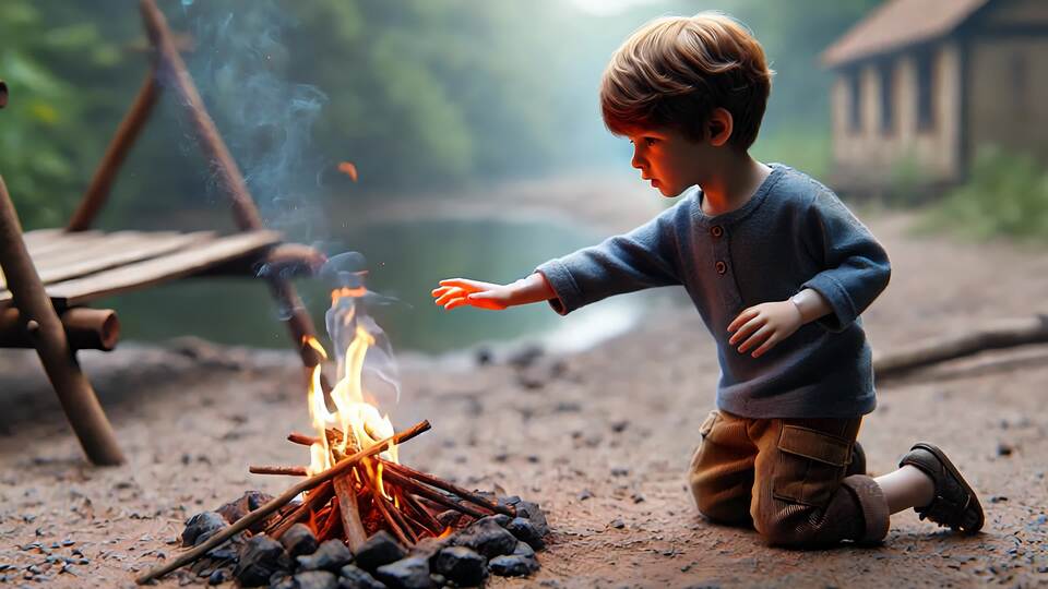 Curious Child Reaching Out to a Campfire